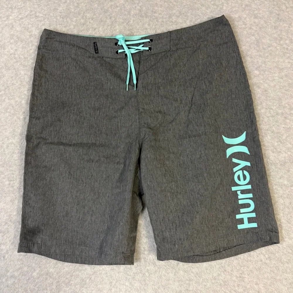 Hurley Mens Gray Teal Logo Board Shorts Swim Trunks Size 32 MBS0008690